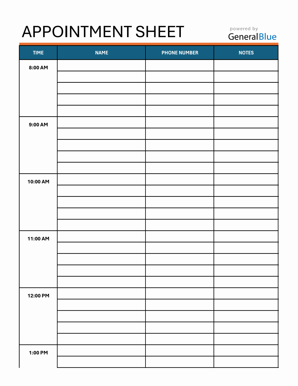 Free Appointment Sheet in Excel Format (Simple 1 Hour Interval)