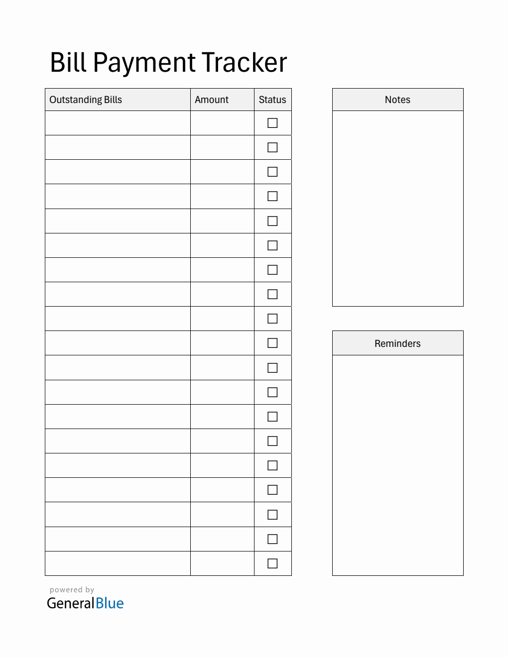 Fillable Bill Payment Tracker in PDF
