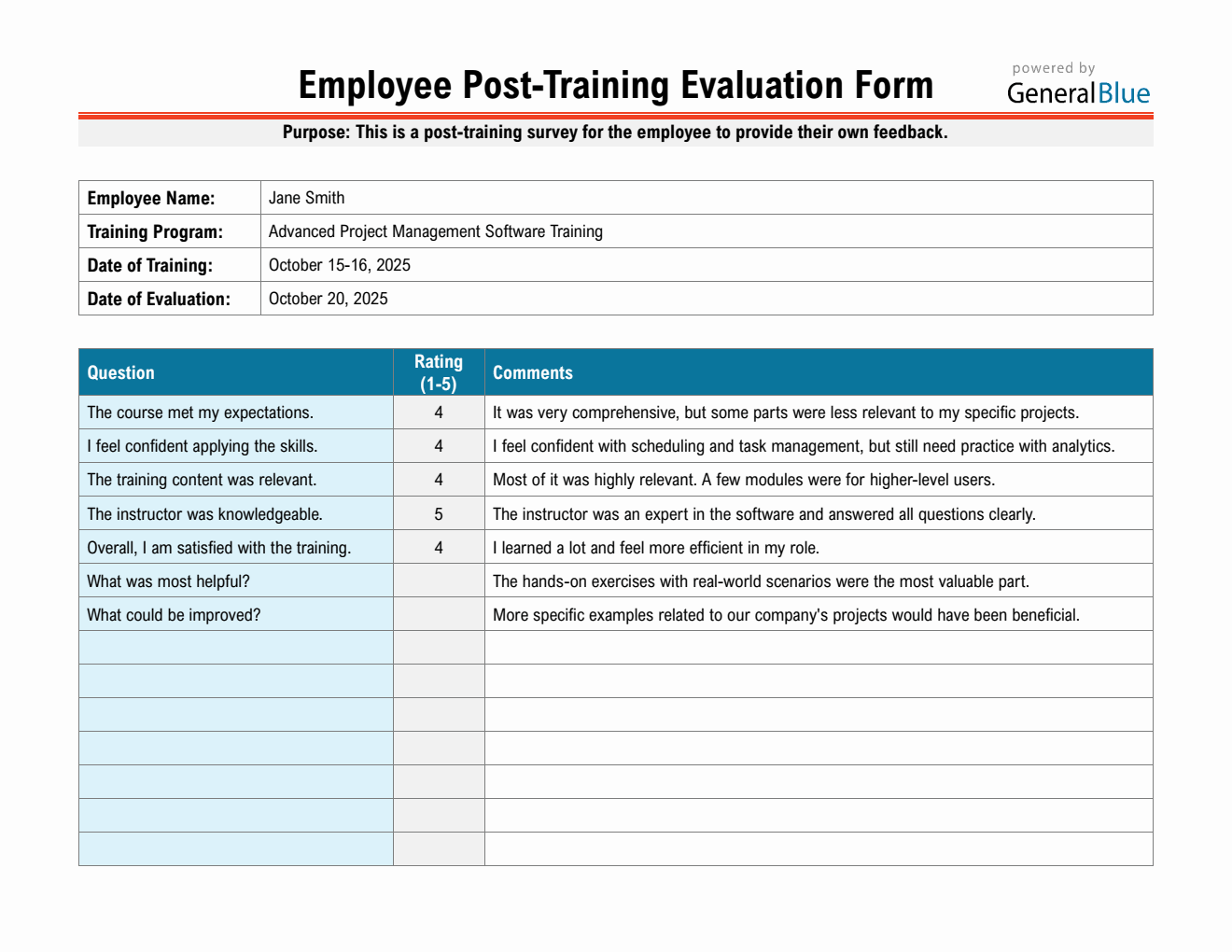 Free Employee Post-Training Evaluation Form Editable in Word