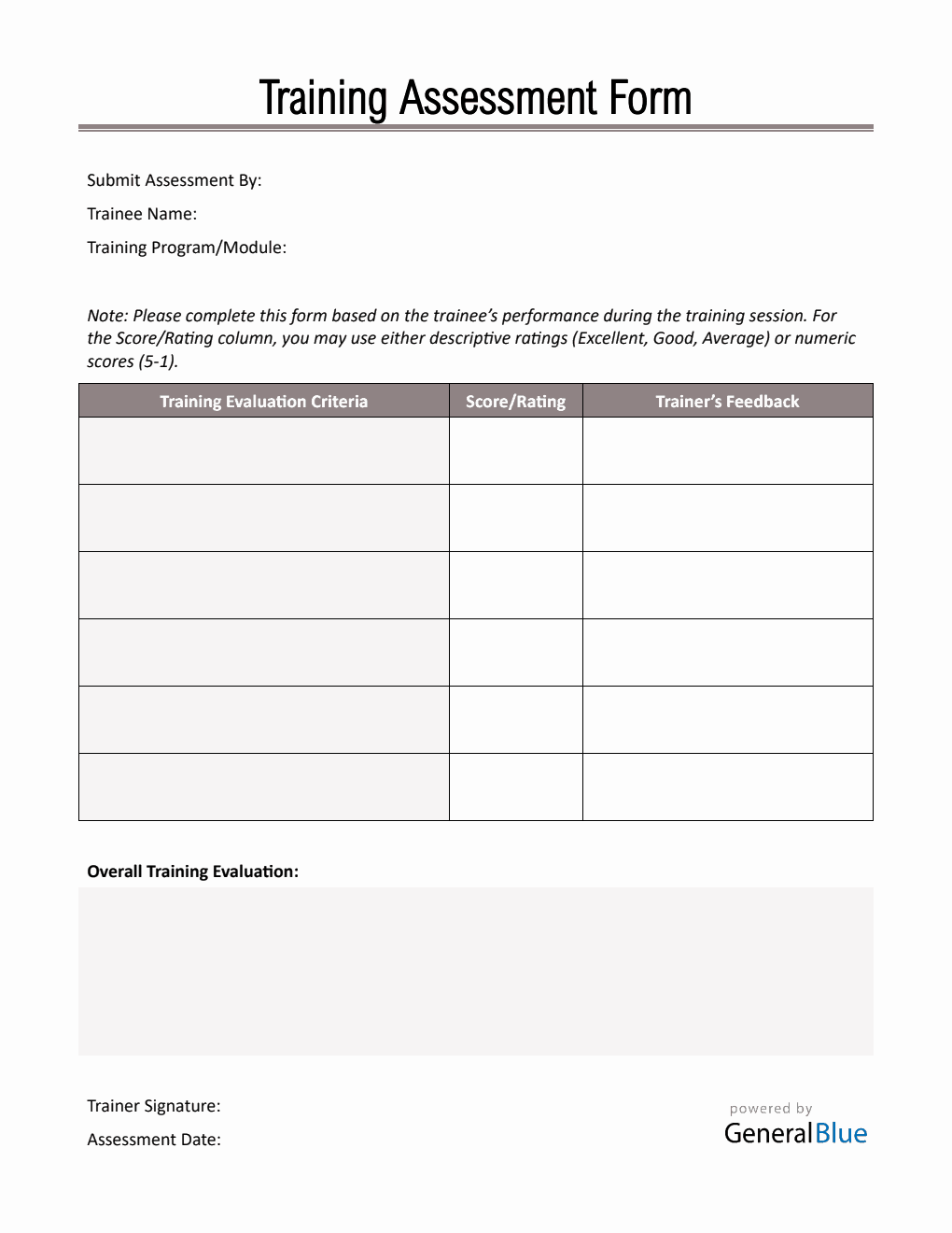 Editable Employee Training Assessment Form - Free PDF Download