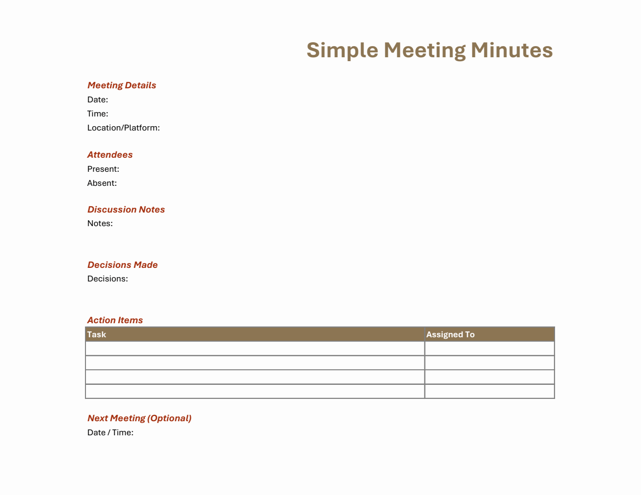 Free Simple Minutes Template (Excel Format)