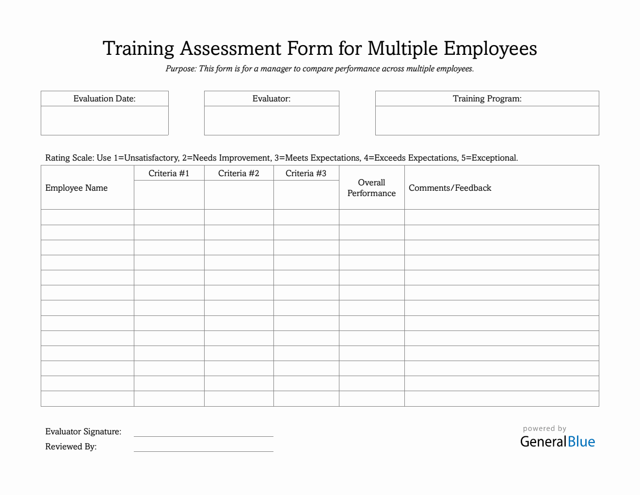 Multi-Employee Training Assessment Word Form (Printable)