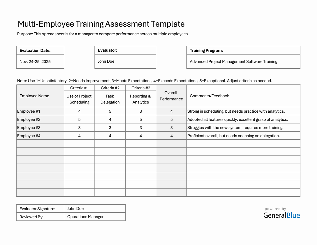 Multi-Employee Training Assessment Excel Form (Minimalist)