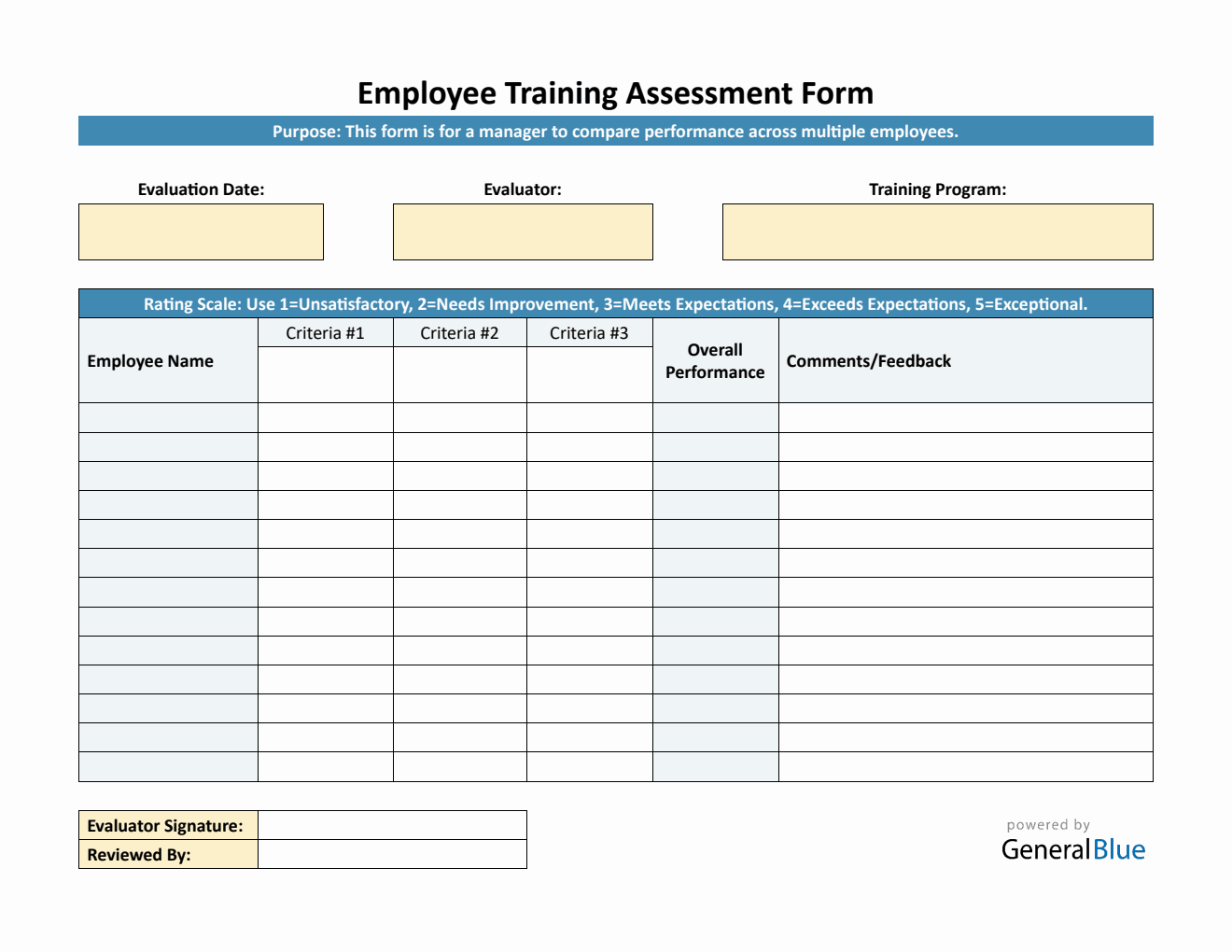 Multi-Employee Training Assessment PDF Form (Landscape Layout)