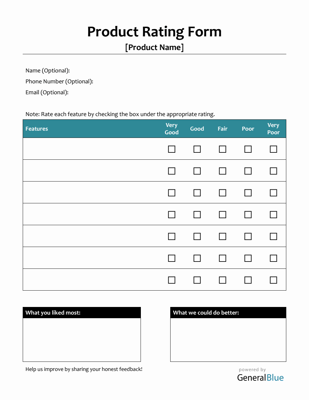 Product Review Form Word (Portrait)