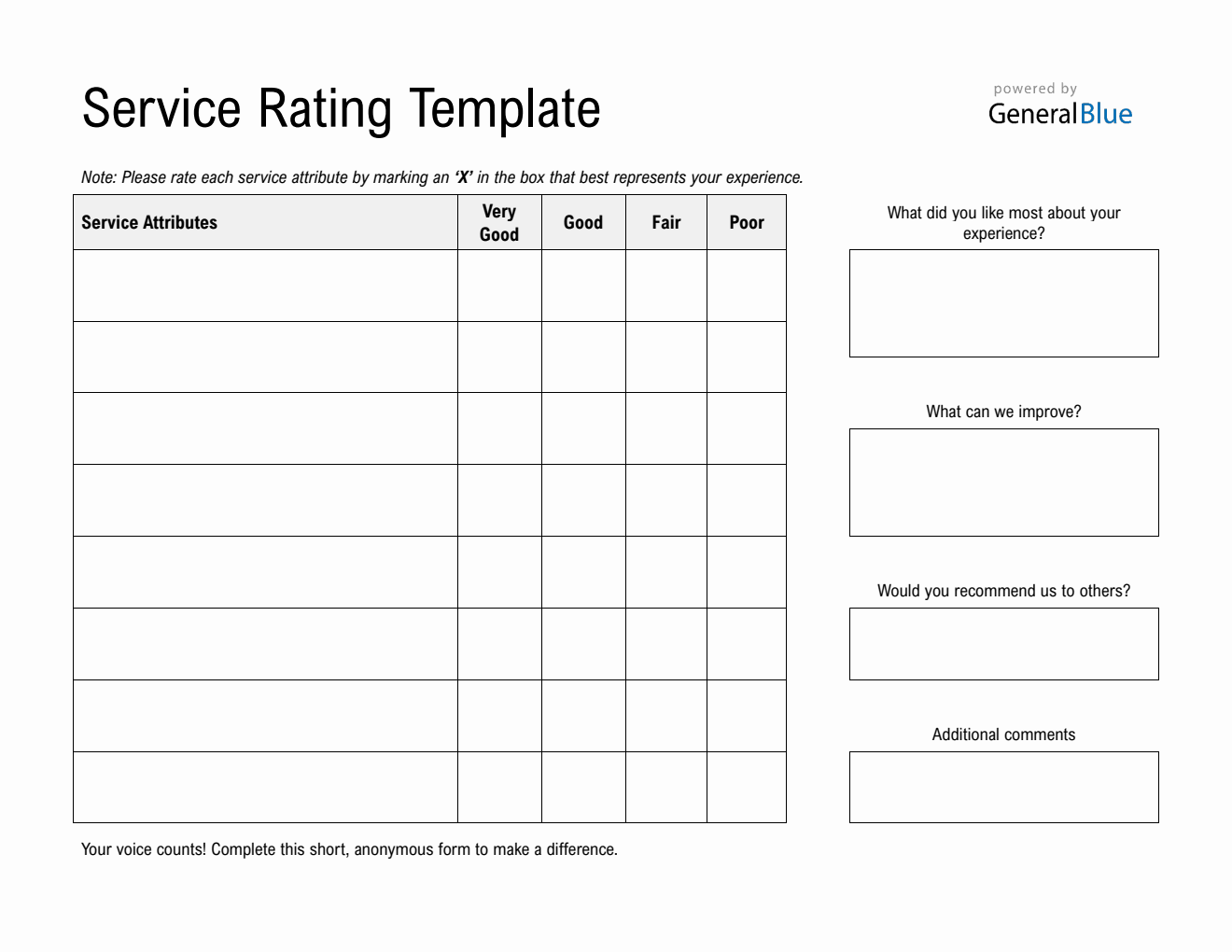 Service Rating Form in PDF (Printable Landscape)