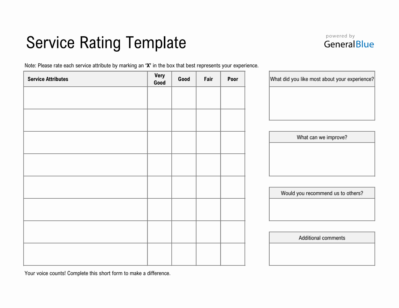 Service Rating Form in Excel (Printable Landscape)