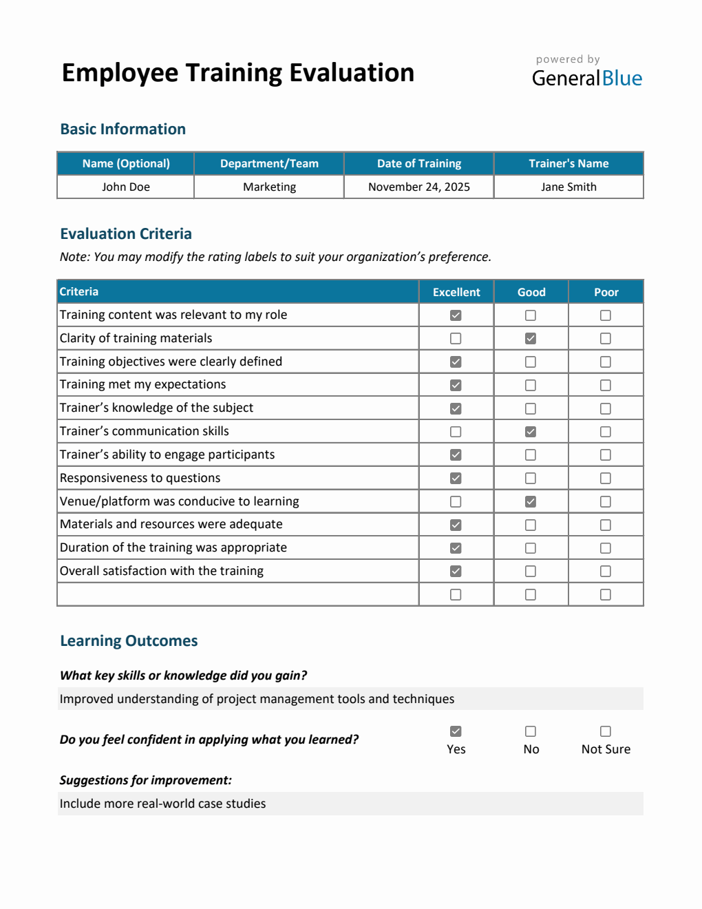 Simple Training Evaluation Form – Free Download in Excel