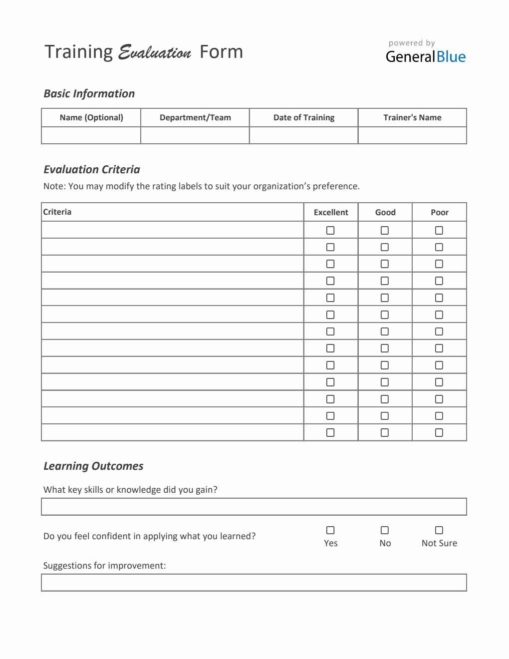 Printable Training Evaluation Form – Free Download in Excel