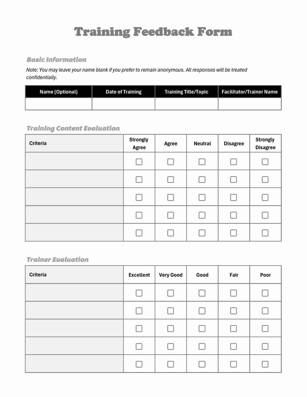 2 Page Layout Training Feedback Form Template Excel