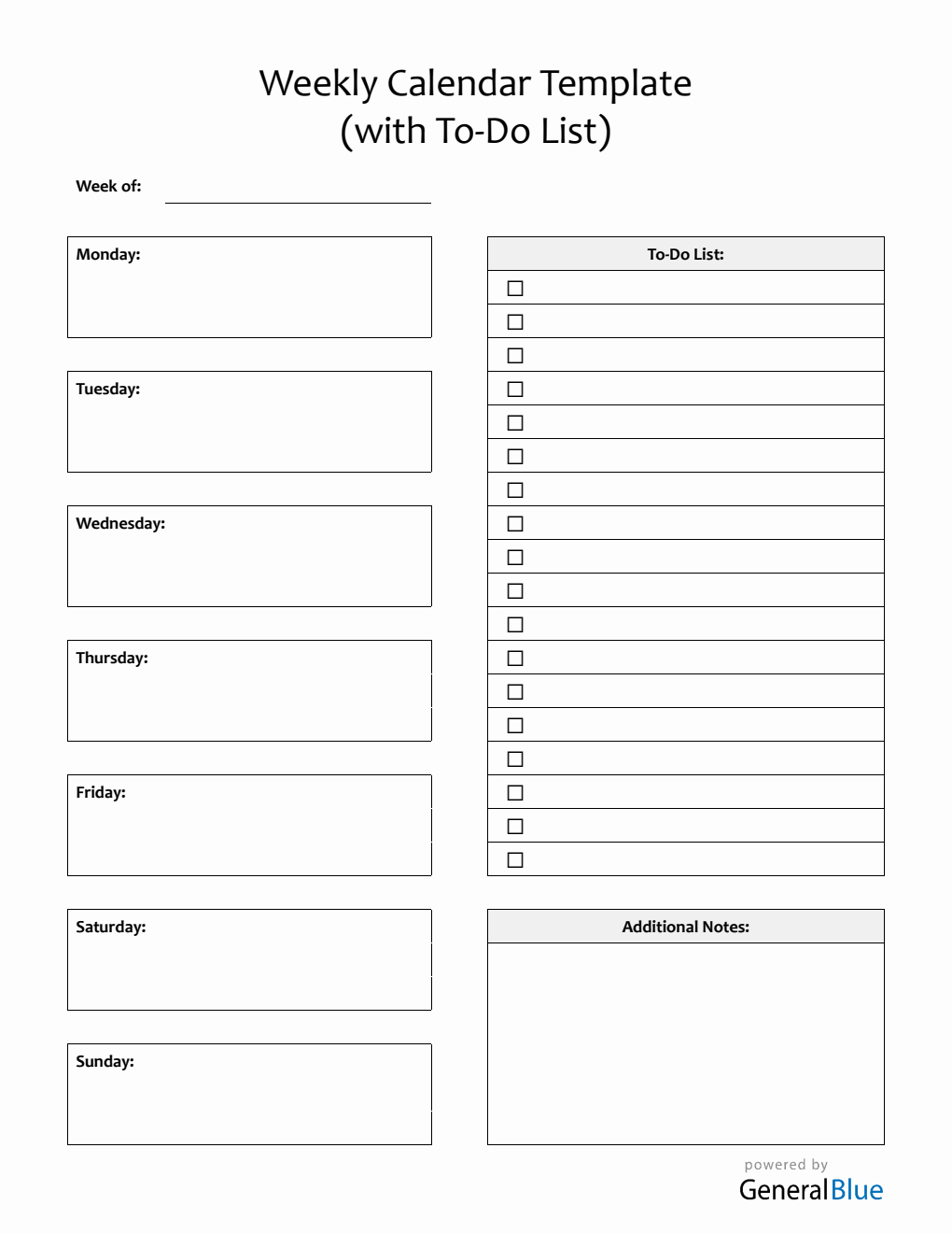 Weekly Calendar with Task List Printable in Word