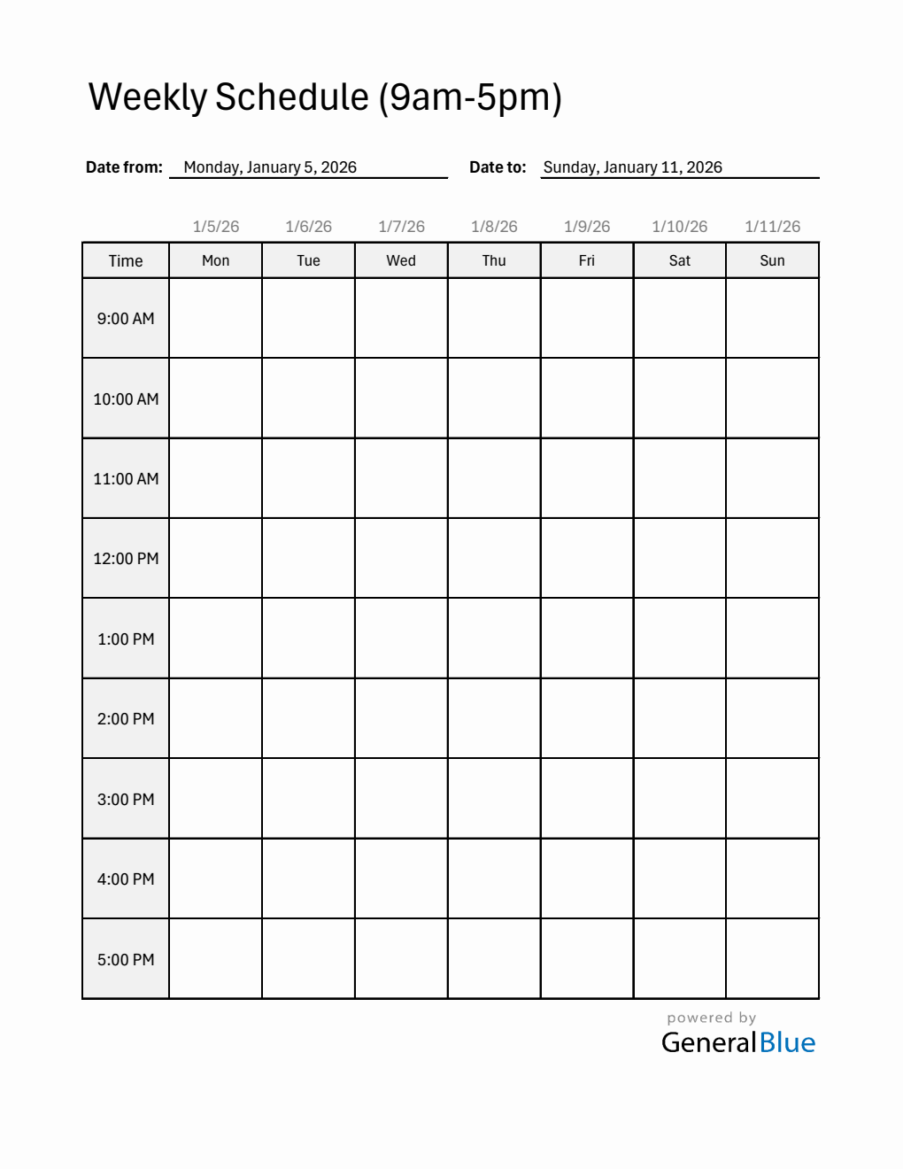  Weekly Hourly Planner Template (9AM – 5PM Schedule) | Free Excel Download