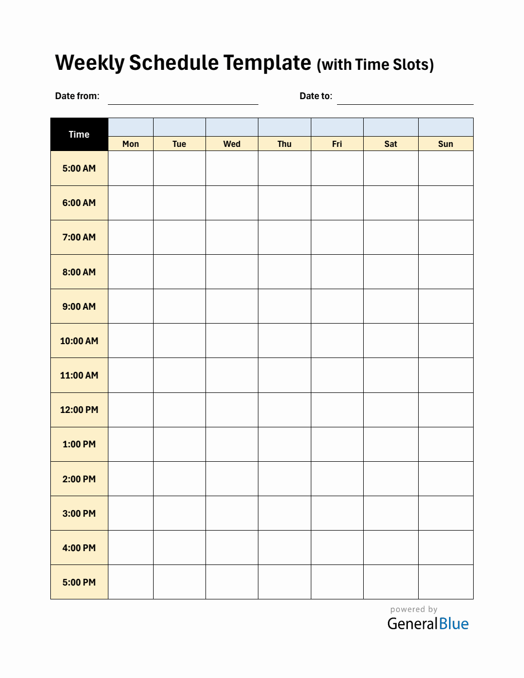 Weekly Planner with Time Slots (5Am To 5Pm) - Free PDF Download