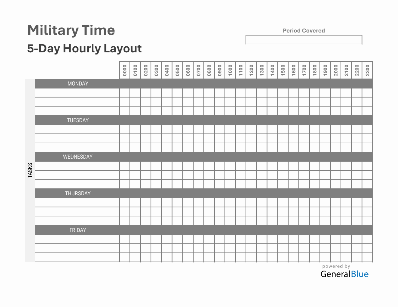 Printable Military Time 5-Day Schedule Template in Excel