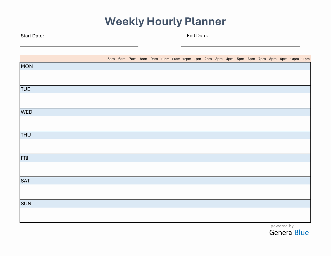 Free Mon-Sun Weekly Schedule Template in Excel (5Am To 11Pm)